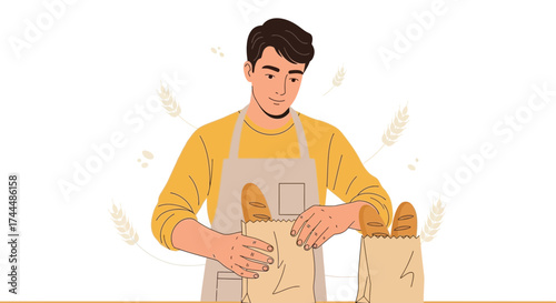 Bakery Artisan Placing Freshly Baked Bread Loaves Into Paper Bags For Customers