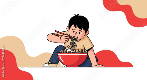 Boy Eating Noodles, Illustration Of Asian Cuisine With Colorful Artistic Background