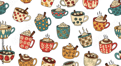 Cozy Doodle Cups A Festive Pattern of Hot Drinks with Whipped Cream and Sprinkles