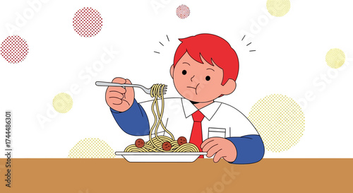 Boy Enjoying Spaghetti Meal Pasta Dinner Cartoon Illustration In Fun Colorful Style