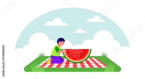 Boy Enjoying Watermelon Slice On A Picnic Blanket Amidst a Pleasant Sunny Day