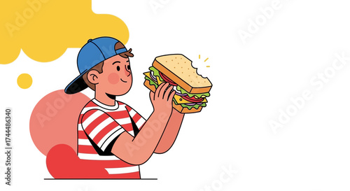 Boy Holding a Large, Delicious Sandwich, Ready to Take a Bite and Satisfy Hunger