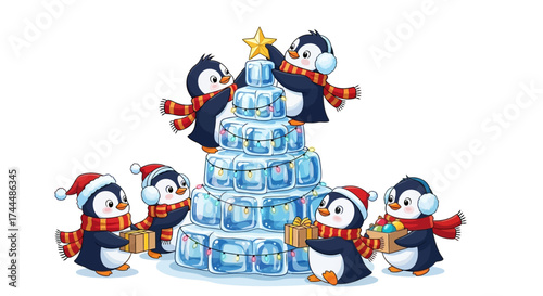 Penguins Decorating an Ice Christmas Tree Holiday Cheer and Festive Fun