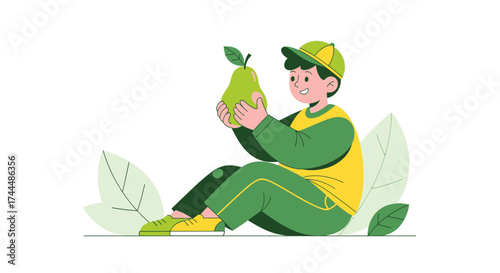 Boy Holding A Green Pear Illustration: Healthy Eating And Nature's Bounty