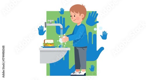 Boy in Blue Washes Hands Near a Sandwich Illustrating Hygiene and Cleanliness