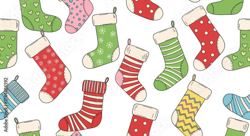 Seamless pattern with colorful hand-drawn Christmas stockings on a white background. Festive winter holiday illustration for wrapping paper or fabric design