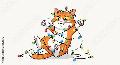 Cartoon orange tabby cat tangled in colorful Christmas lights, smiling mischievously on a white background.