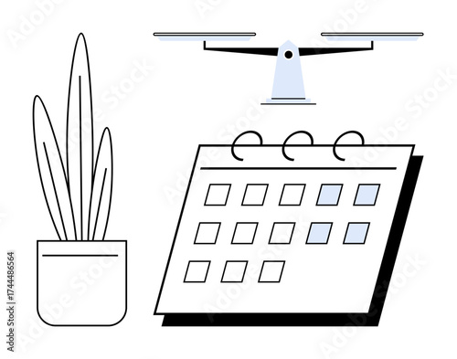 quadcopter hovering over desk calendar with highlighted days alongside a potted plant. Ideal for planning, technology, innovation, clean design, time management, organization, simple flat metaphor