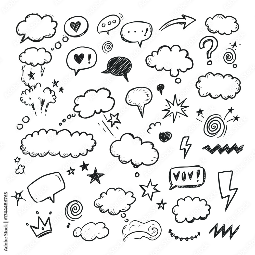 Fototapeta premium Hand-drawn Doodle Elements Set drawing sketch illustration speech bubble cloud star arrow question mark