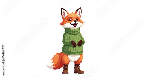 Delightful illustration of a happy red fox character, standing tall and smiling, adorned in a cozy green knitted pullover, bringing a touch of woodland charm to any design