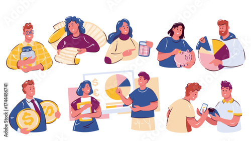AMen and women managing money, saving coins, holding piggy banks, using charts, making payments, or analyzing budget. Cartoon doodle style for finance, business, or banking project. Vector illustratio