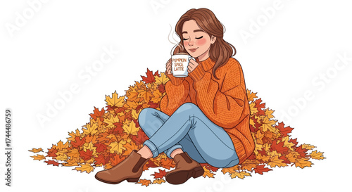 Cozy Autumn Moments A Woman Sipping Coffee Amidst a Pile of Fall Leaves, Feeling Content
