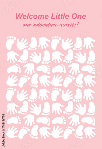 Baby shower guest book poster template for girls with babies footprints and handprints on pink background with guest signature places