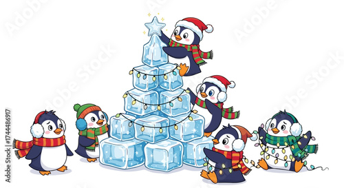 Adorable cartoon penguins in Santa hats and scarves joyfully decorate an ice cube Christmas tree with lights and a star.