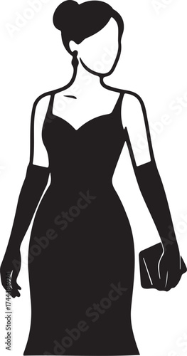Evening gown silhouette woman with gloves clutch and bun classic formal attire vector for gala invitation branding and packaging