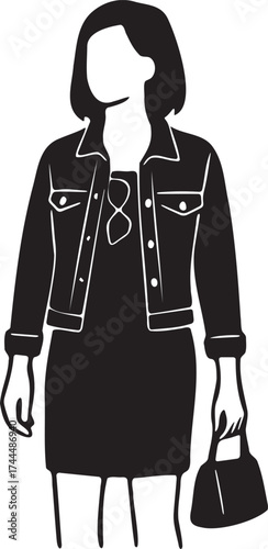 Minimalist woman in denim jacket and dress silhouette vector with handbag modern casual urban outfit fashion design
