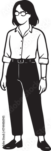 Minimalist professional woman in button up shirt trousers and glasses vector black and white style for modern branding and fashion