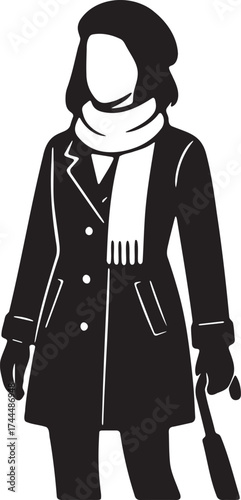 Minimalist winter fashion woman with coat scarf gloves and beret monochrome vector illustration for seasonal branding and design
