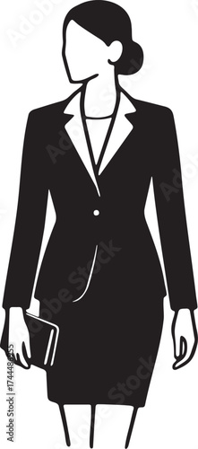 Professional woman in formal business attire minimalist vector style holding notebook modern corporate fashion design concept