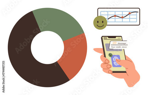 Hand holding smartphone with biometric scan and code, pie chart for analysis, chart with upward trend, and a happy face for satisfaction. Ideal for data management, security, technology, analytics