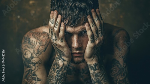 Man with tattoos showing deep emotion in a dimly lit room