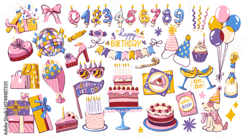 Happy birthday elements cartoon set. Birthday hat and cake, balloons, gift box and cupcake, candle numbers. Trendy promo label, decoration mascot, stickers collection cartoon vector illustration