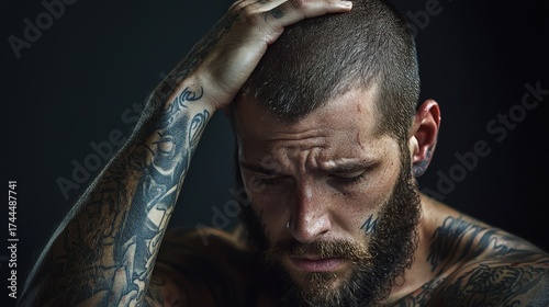 Man with tattoos expressing emotion in a dimly lit setting, showcasing vulnerability and intense feelings, captured in a moment of reflection