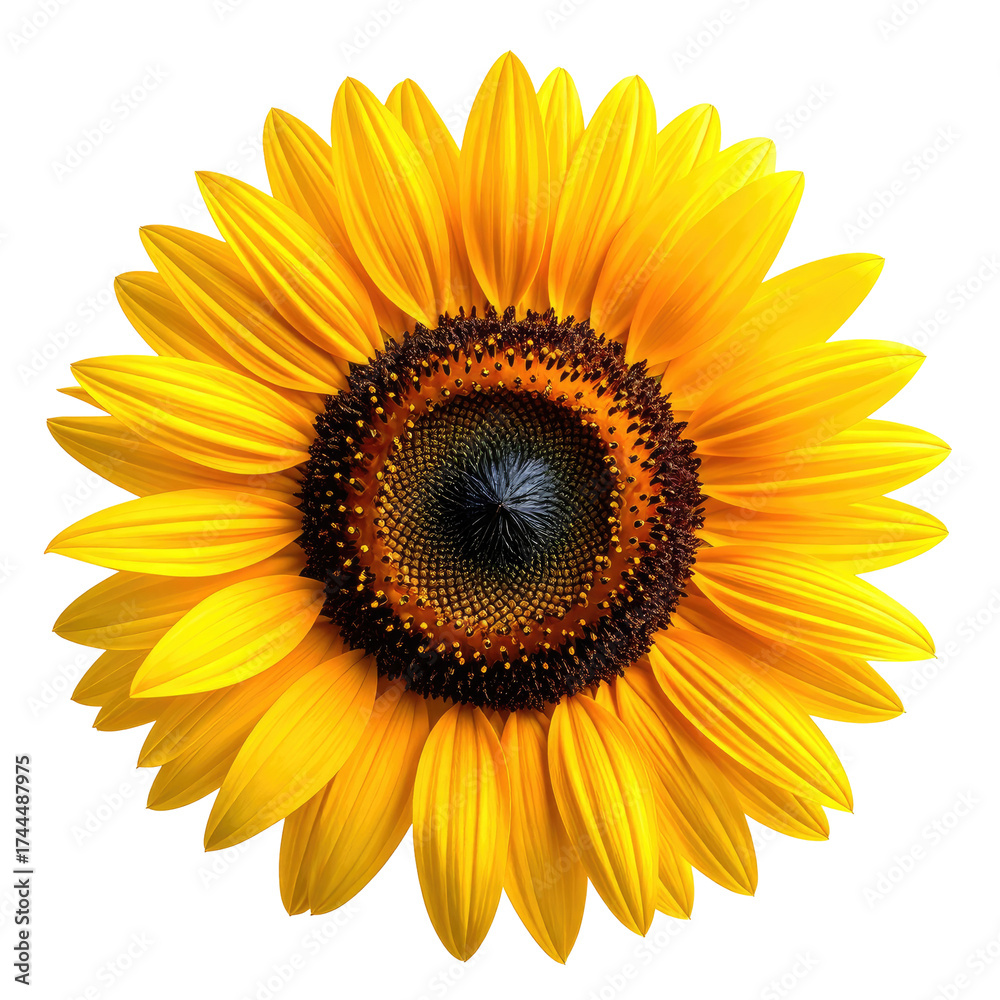 Fototapeta premium Radiant yellow sunflower with dark center against a black background