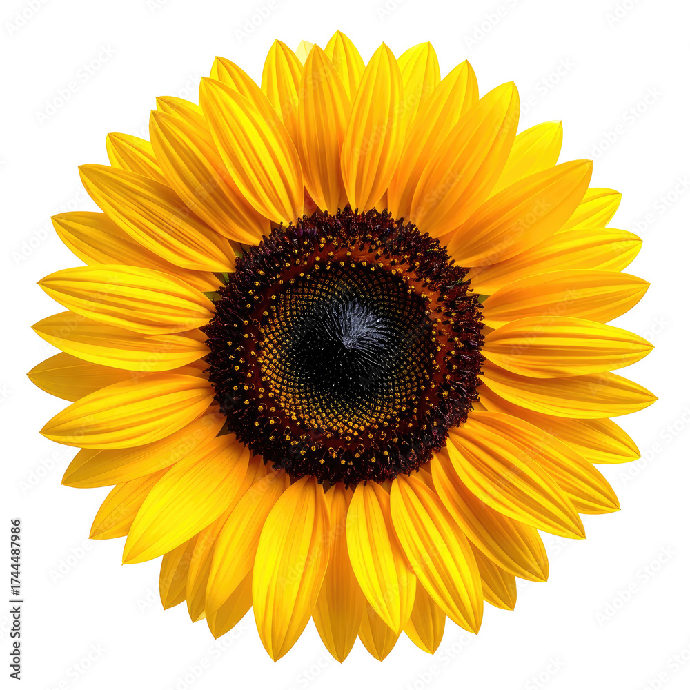 Fototapeta premium Detailed close-up of a vibrant sunflower with a dark center against a black background