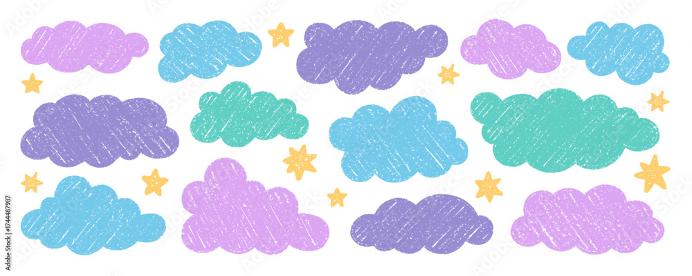 Obraz premium Chalk pencil clouds doodle set. Childish crayon sky, stars and moon. Pastel kids sketch. Grunge texture. Hand drawn vector illustration isolated on white background