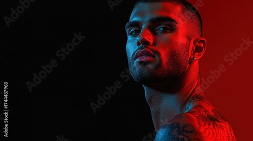 Model poses dramatically with colorful lighting in a studio setting showcasing intricate tattoos and strong facial features