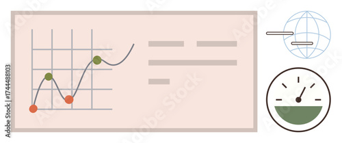 Graph with data points, performance gauge, global network lines. Ideal for analytics, data visualization, business growth, productivity, strategic planning, global reach simple flat metaphor
