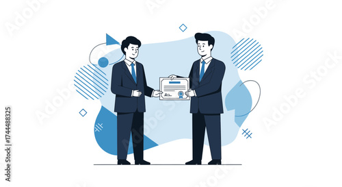 Business colleagues handing over a certificate of achievement vector illustration