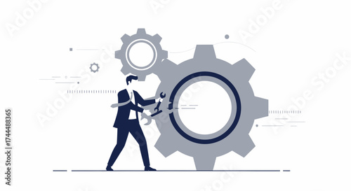 Business concept of a businessman fixing the gear system with the tools, illustration