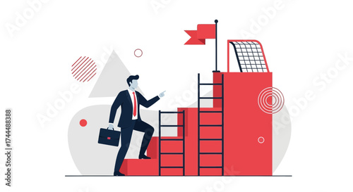 Business concept of climbing to success person climbing stairs to the flag