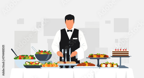 Buffet Style Catering Illustration with Chef Serving Food for an Event or Party