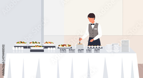 Buffet Setup: A Server Presents Food and Tableware for Guest Service Display