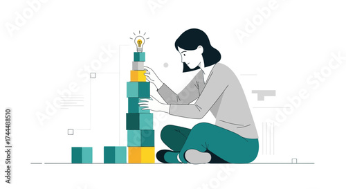 Building Innovation: Woman Constructing a Tower of Ideas with a Lightbulb as the Pinnacle