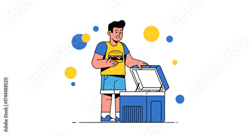 Burger Lover Grabbing His Meal From Cooler, Ready For Some Good Times