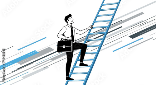 Business Achievement Concept: Successful Employee Climbing Ladder Towards Goals and Success