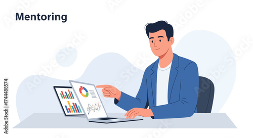 Business Mentoring Session: Analyzing Data on Laptop to Achieve Success and Enhance Goals