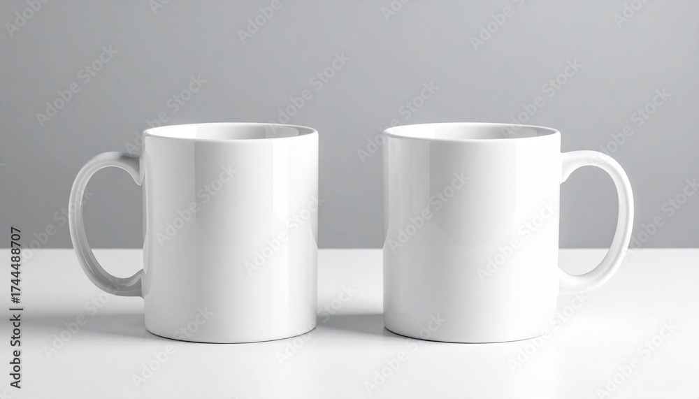 Obraz premium Two plain white ceramic mugs side by side on neutral gray background.