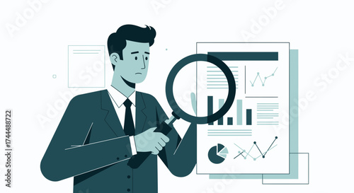 Business Analyst Examining Complex Data Through Magnifying Glass For Analysis