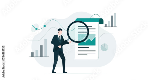 Business Analyst Examines Financial Results Using Magnifying Glass In Vector Illustration