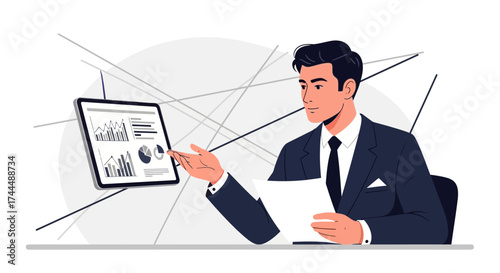 Business Executive Analyzing Data on a Tablet Pointing to Visual Charts and Financial Reports
