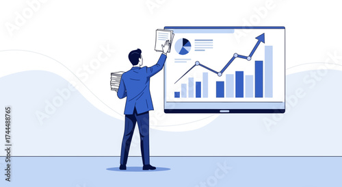 Business Analyst Examining Growth Charts on a Digital Display for Financial Analysis