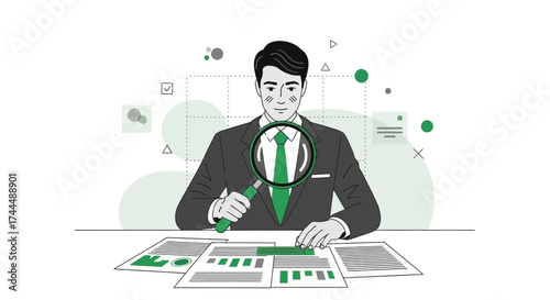 Business Analyst Inspecting Report Data with Green Magnifying Glass
