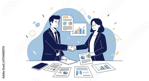 Business handshake illustration depicting deal, agreement, and financial partnership