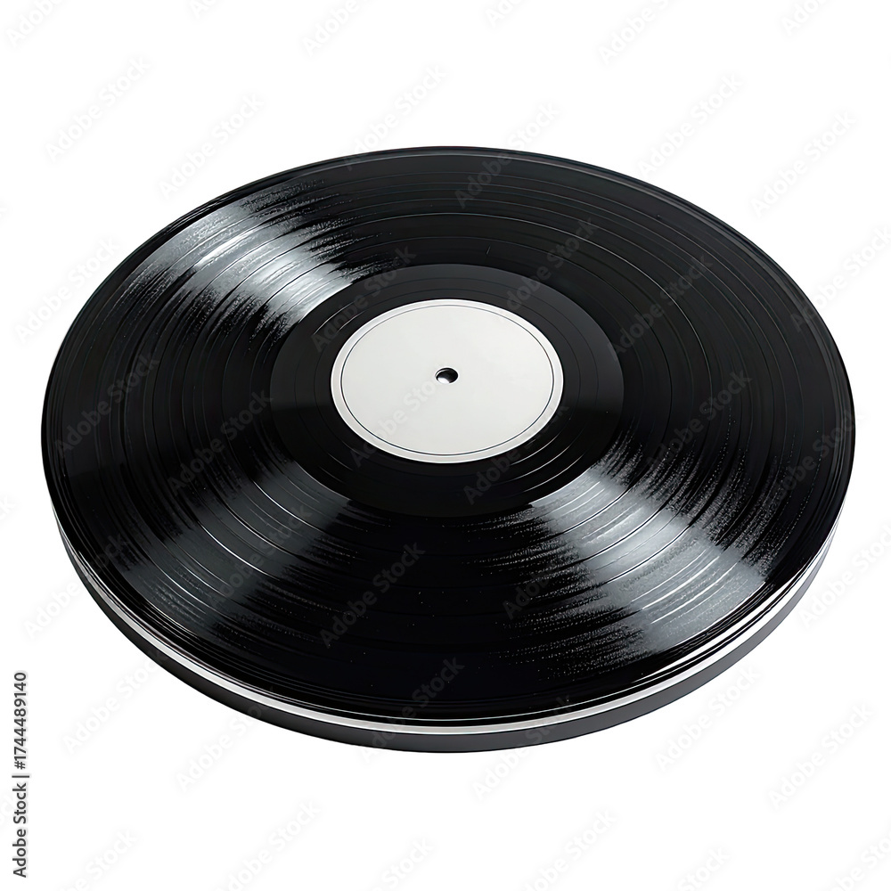 Obraz premium Shiny black vinyl record with white label. Grooves visible, centered on dark background
