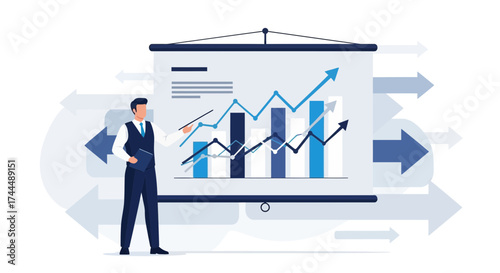 Business Analyst Presenting Financial Growth Charts with Arrows Indicating Upward Trends